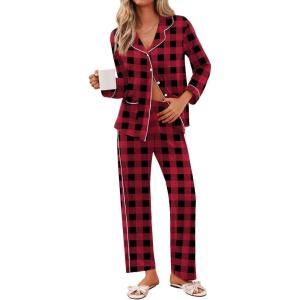 Ekouaer Pajamas for Women Set Button Down Pj Long Sleeve Shirt and Pants Lounge Sets Fall Sleepwear with Pockets(Red Plaid)