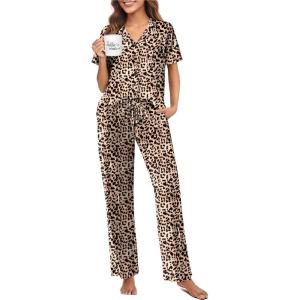 Ekouaer Pajamas for Women Set Button Up Sleepswear 2 Piece Short Sleeve PJ Top and Long Pants Loungwear With Pocket S-XXL(Brown Leopard)