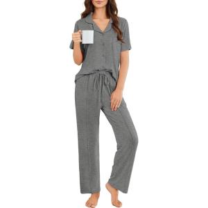 Ekouaer Pajamas for Women Set Button Up Sleepswear 2 Piece Short Sleeve PJ Top and Long Pants Loungwear With Pocket S-XXL(Dark Gray)