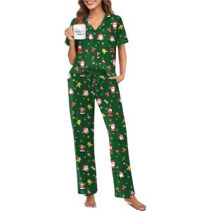 Ekouaer Pajamas for Women Set Button Up Sleepswear 2 Piece Short Sleeve PJ Top and Long Pants Loungwear With Pocket S-XXL(Green Santa Claus)