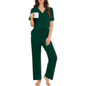 Ekouaer Pajamas for Women Set Button Up Sleepswear 2 Piece Short Sleeve PJ Top and Long Pants Loungwear With Pocket S-XXL(Lake Green)