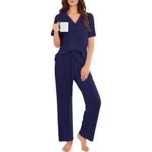 Ekouaer Pajamas for Women Set Button Up Sleepswear 2 Piece Short Sleeve PJ Top and Long Pants Loungwear With Pocket S-XXL(Navy)