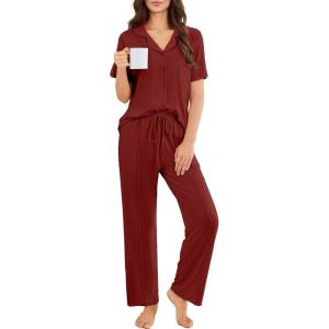 Ekouaer Pajamas for Women Set Button Up Sleepswear 2 Piece Short Sleeve PJ Top and Long Pants Loungwear With Pocket S-XXL(Wine Red)