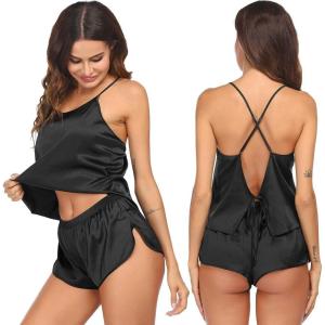 Ekouaer Silk Pajamas Set for Women Satin Backless Lingerie Pjs Cami Top and Shorts Nightwear(Black)
