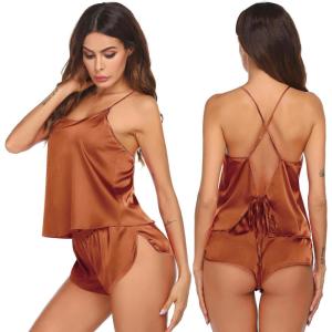 Ekouaer Silk Pajamas Set for Women Satin Backless Lingerie Pjs Cami Top and Shorts Nightwear(Caramel)