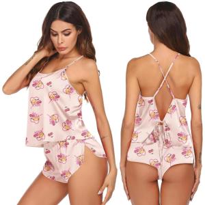 Ekouaer Silk Pajamas Set for Women Satin Backless Lingerie Pjs Cami Top and Shorts Nightwear(Champagne Love Teddy)