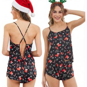 Ekouaer Silk Pajamas Set for Women Satin Backless Lingerie Pjs Cami Top and Shorts Nightwear(Christmas-black-stocking)