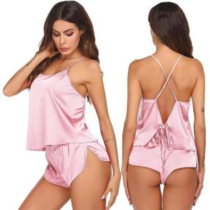 Ekouaer Silk Pajamas Set for Women Satin Backless Lingerie Pjs Cami Top and Shorts Nightwear(Misty Rose)