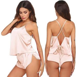 Ekouaer Silk Pajamas Set for Women Satin Backless Lingerie Pjs Cami Top and Shorts Nightwear(Pastel Peach)