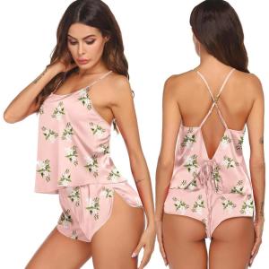 Ekouaer Silk Pajamas Set for Women Satin Backless Lingerie Pjs Cami Top and Shorts Nightwear(Pink Flowers)
