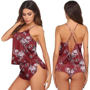 Ekouaer Silk Pajamas Set for Women Satin Backless Lingerie Pjs Cami Top and Shorts Nightwear(Red Flowers)