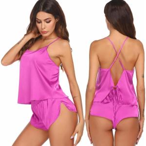 Ekouaer Silk Pajamas Set for Women Satin Backless Lingerie Pjs Cami Top and Shorts Nightwear(Rose Red)