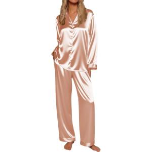 Ekouaer Silk Satin Pajamas for Women Button Down Pjs Set Long Sleeve Loungewear 2 Piece Wide Leg Sleepwear(Champagne)