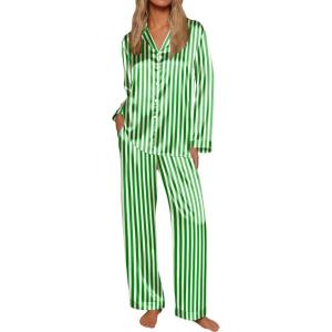Ekouaer Silk Satin Pajamas for Women Button Down Pjs Set Long Sleeve Loungewear 2 Piece Wide Leg Sleepwear(Green White Stripe)