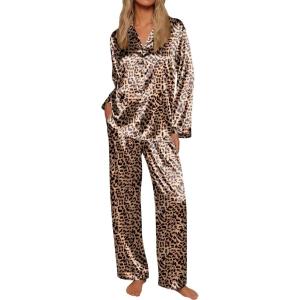 Ekouaer Silk Satin Pajamas for Women Button Down Pjs Set Long Sleeve Loungewear 2 Piece Wide Leg Sleepwear(Leopard)