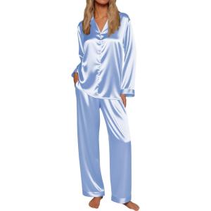 Ekouaer Silk Satin Pajamas for Women Button Down Pjs Set Long Sleeve Loungewear 2 Piece Wide Leg Sleepwear(Light Blue)