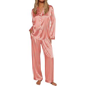 Ekouaer Silk Satin Pajamas for Women Button Down Pjs Set Long Sleeve Loungewear 2 Piece Wide Leg Sleepwear(Red White Stripe)