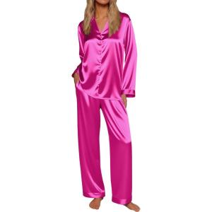Ekouaer Silk Satin Pajamas for Women Button Down Pjs Set Long Sleeve Loungewear 2 Piece Wide Leg Sleepwear(Rose Red)