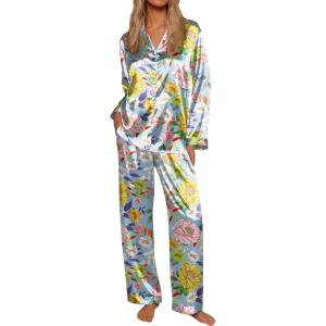 Ekouaer Silk Satin Pajamas for Women Button Down Pjs Set Long Sleeve Loungewear 2 Piece Wide Leg Sleepwear(Yellow Chrysanthemum)