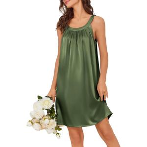 Ekouaer Silky Satin Nightgown for Women Sleeveless Sleepwear Tank O Neck Night Shirts Pleated Sleepshirt Casual Dress S-3XL(Army Green)