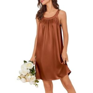 Ekouaer Silky Satin Nightgown for Women Sleeveless Sleepwear Tank O Neck Night Shirts Pleated Sleepshirt Casual Dress S-3XL(Camel)