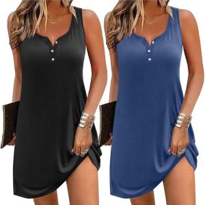 Ekouaer Tank Nightgowns for Women 2 Pack Sexy Night Gown Sleeveless Sleepwear Soft Sleep Dress Button Sleepshirt(Black+blue)