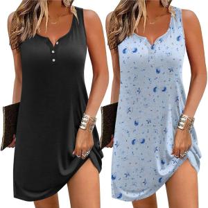 Ekouaer Tank Nightgowns for Women 2 Pack Sexy Night Gown Sleeveless Sleepwear Soft Sleep Dress Button Sleepshirt(Black+blue Moon)