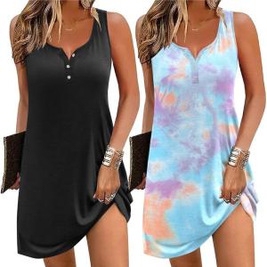 Ekouaer Tank Nightgowns for Women 2 Pack Sexy Night Gown Sleeveless Sleepwear Soft Sleep Dress Button Sleepshirt(Black+blue Tie-dye)