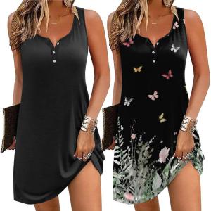 Ekouaer Tank Nightgowns for Women 2 Pack Sexy Night Gown Sleeveless Sleepwear Soft Sleep Dress Button Sleepshirt(Black+floral Black)