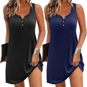 Ekouaer Tank Nightgowns for Women 2 Pack Sexy Night Gown Sleeveless Sleepwear Soft Sleep Dress Button Sleepshirt(Black+navy Blue)