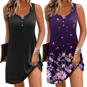 Ekouaer Tank Nightgowns for Women 2 Pack Sexy Night Gown Sleeveless Sleepwear Soft Sleep Dress Button Sleepshirt(Black+purple Floral)