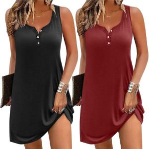 Ekouaer Tank Nightgowns for Women 2 Pack Sexy Night Gown Sleeveless Sleepwear Soft Sleep Dress Button Sleepshirt(Black+wine Red)