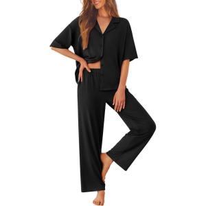 Ekouaer Women Pajamas Set Button Down Sleepwear Short Sleeve Pjs Soft Comfy Nightwear with Long Pants S-XXL(Black)