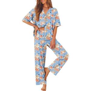 Ekouaer Women Pajamas Set Button Down Sleepwear Short Sleeve Pjs Soft Comfy Nightwear with Long Pants S-XXL(Blue Flower)