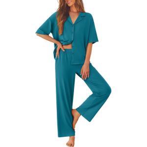 Ekouaer Women Pajamas Set Button Down Sleepwear Short Sleeve Pjs Soft Comfy Nightwear with Long Pants S-XXL(Blue Green)