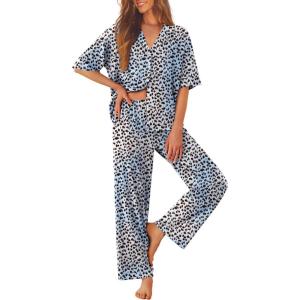 Ekouaer Women Pajamas Set Button Down Sleepwear Short Sleeve Pjs Soft Comfy Nightwear with Long Pants S-XXL(Blue Leopard)