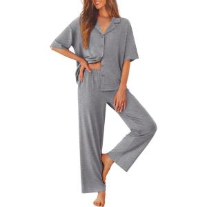 Ekouaer Women Pajamas Set Button Down Sleepwear Short Sleeve Pjs Soft Comfy Nightwear with Long Pants S-XXL(Dark Grey)