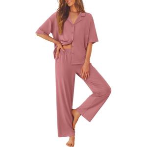 Ekouaer Women Pajamas Set Button Down Sleepwear Short Sleeve Pjs Soft Comfy Nightwear with Long Pants S-XXL(Old Rose)