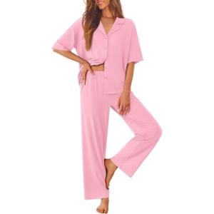 Ekouaer Women Pajamas Set Button Down Sleepwear Short Sleeve Pjs Soft Comfy Nightwear with Long Pants S-XXL(Pink)