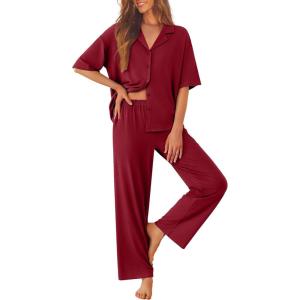 Ekouaer Women Pajamas Set Button Down Sleepwear Short Sleeve Pjs Soft Comfy Nightwear with Long Pants S-XXL(Wine Red)