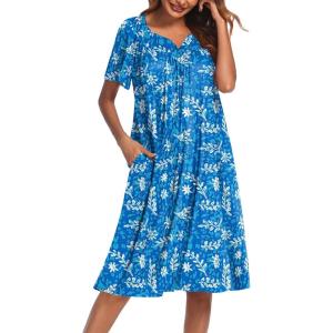 Ekouaer Women’s House Dress with Pockets(Blue White Leaf)