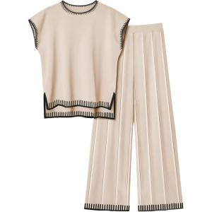 Ekouaer Womens Matching Sets Knit Sweater Sets 2 Pieces Outfits Pullover Tops Wide Legs Pants Lounge Set(Beige)