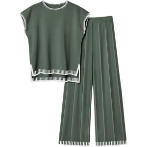 Ekouaer Womens Matching Sets Knit Sweater Sets 2 Pieces Outfits Pullover Tops Wide Legs Pants Lounge Set(Deep Green)