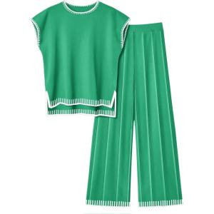 Ekouaer Womens Matching Sets Knit Sweater Sets 2 Pieces Outfits Pullover Tops Wide Legs Pants Lounge Set(Green)