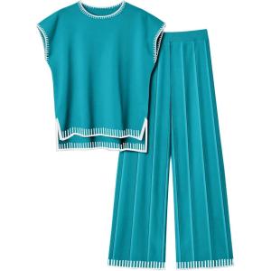 Ekouaer Womens Matching Sets Knit Sweater Sets 2 Pieces Outfits Pullover Tops Wide Legs Pants Lounge Set(Sky Blue)