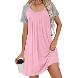 Ekouaer Women’s Nightgown Short Sleeve Sleepwear Comfy Sleepshirts Pleated Scoopneck Nightshirt S-XXXL(Dark Pink21)