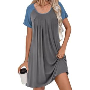 Ekouaer Women’s Nightgown Short Sleeve Sleepwear Comfy Sleepshirts Pleated Scoopneck Nightshirt S-XXXL(Grey1)