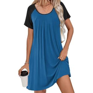 Ekouaer Women’s Nightgown Short Sleeve Sleepwear Comfy Sleepshirts Pleated Scoopneck Nightshirt S-XXXL(New Navy1)