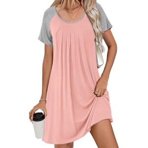 Ekouaer Women’s Nightgown Short Sleeve Sleepwear Comfy Sleepshirts Pleated Scoopneck Nightshirt S-XXXL(Orange Pink1)