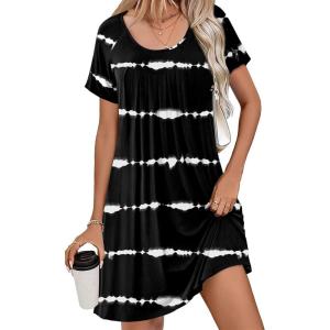 Ekouaer Women’s Nightgown Short Sleeve Sleepwear Comfy Sleepshirts Pleated Scoopneck Nightshirt S-XXXL(Tie Dye Black1)